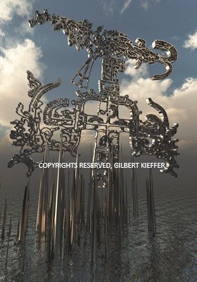 Árbol de la vida maya en metal sobre un horizonte de agujas, cielo gris.