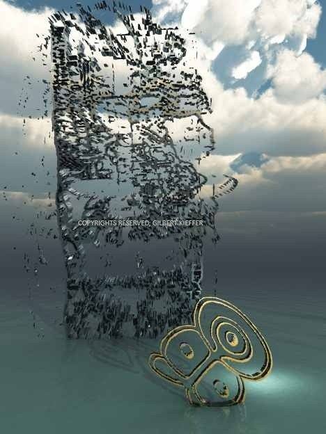 Columna de glifos mayas sobre el agua con un signo taíno dorado en espiral.