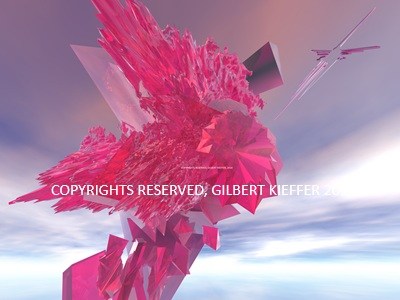Formación de cristales rosados con una línea de Nazca en el cielo.