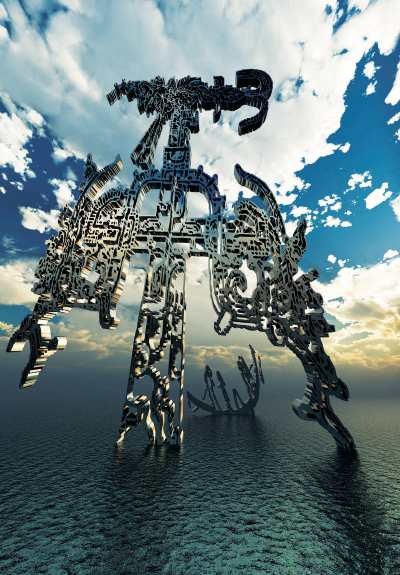 Árbol de la vida maya en metal oscuro sobre el mar, bajo un cielo azul con nubes.