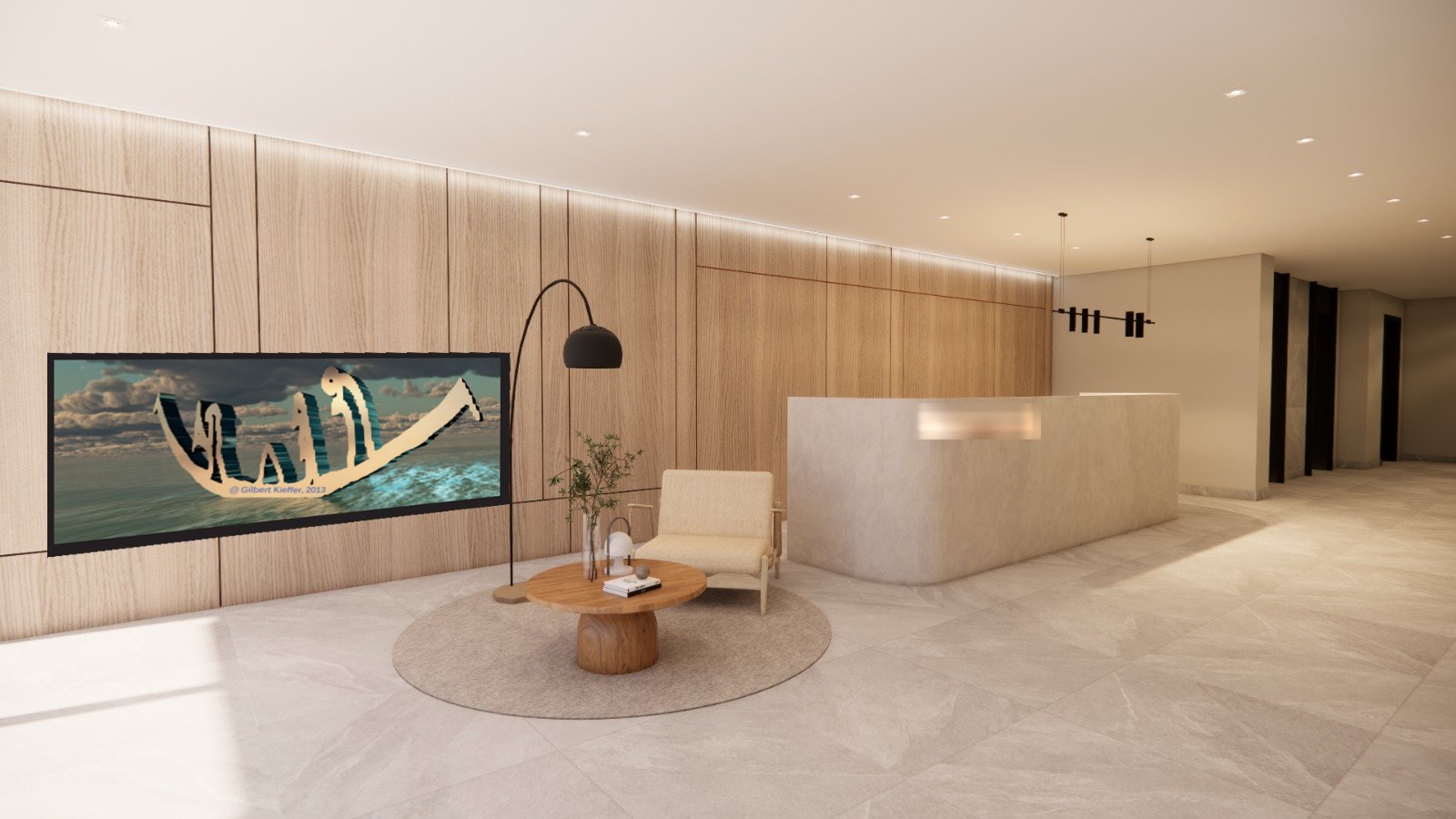 Render de un lobby con paneles de madera y una obra panorámica de Gilbert Kieffer junto a la zona de estar.
