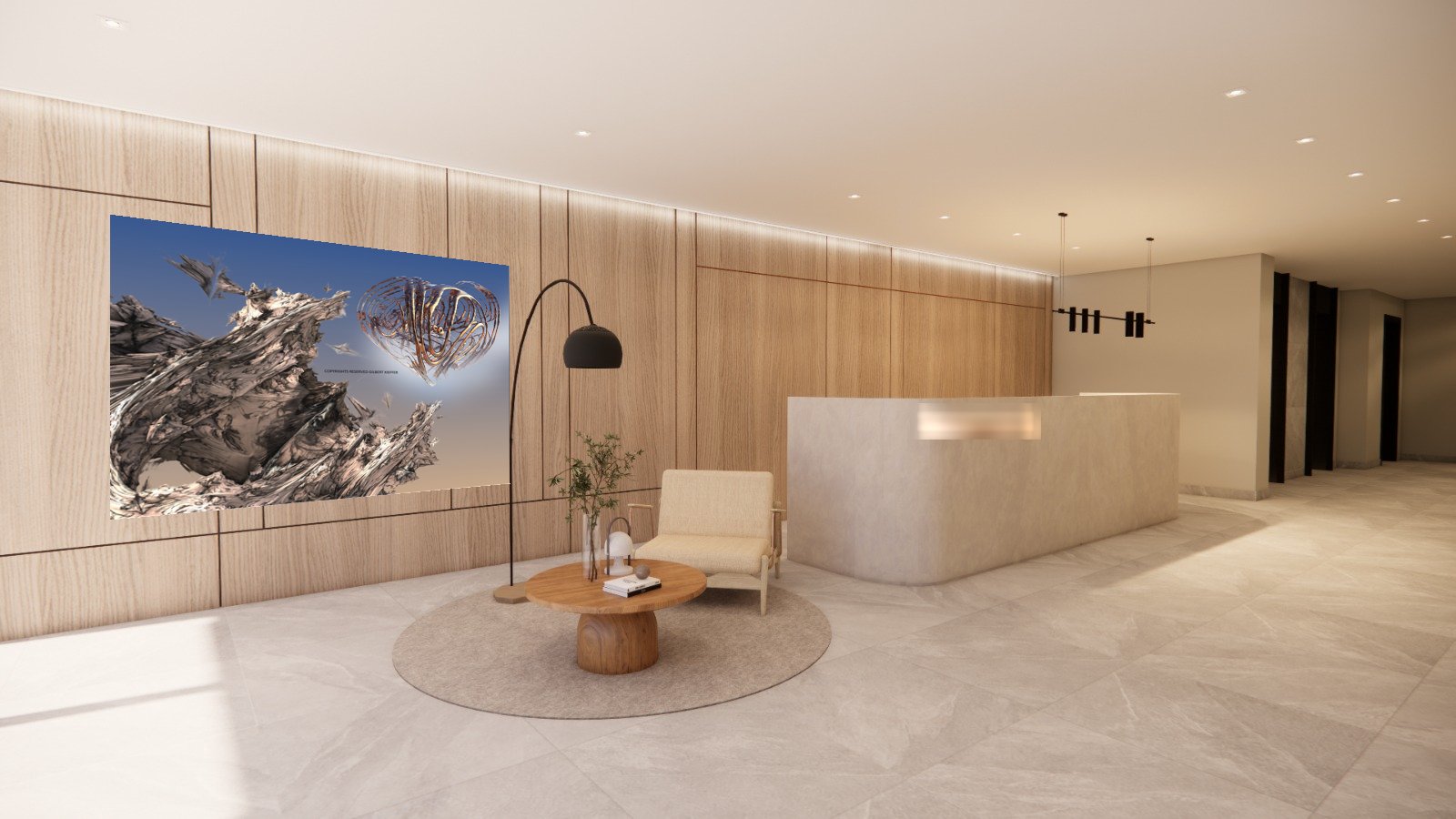 El mismo lobby con otra obra de Gilbert Kieffer, en tonos plata y azul.