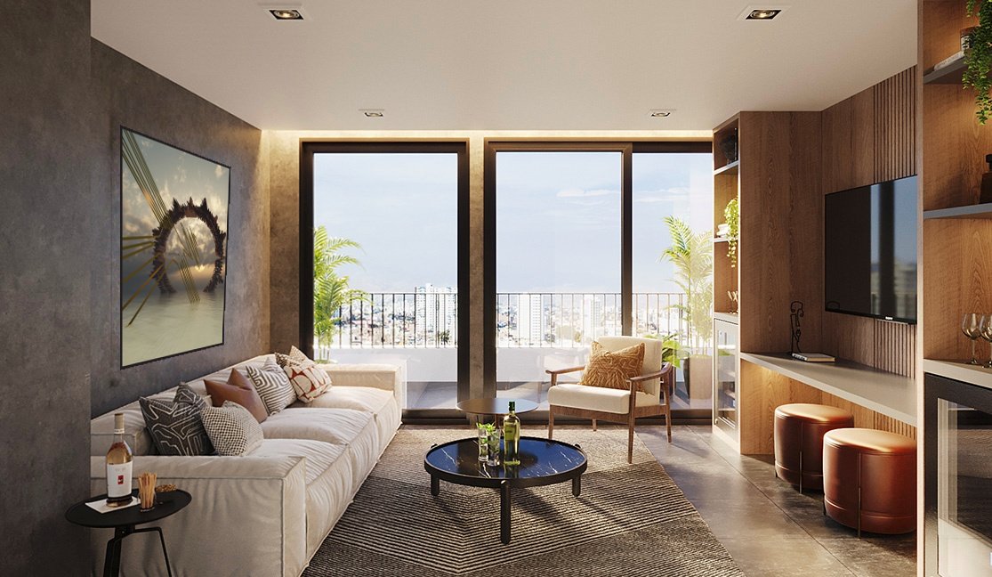 Render de una sala de departamento con vista a la ciudad y una obra circular de Gilbert Kieffer sobre el muro de concreto.
